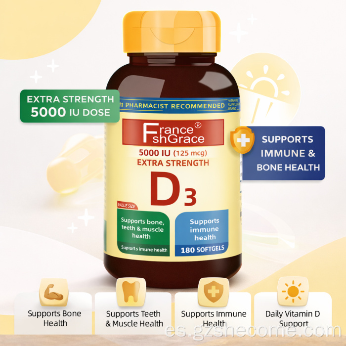 Shecome Vitamina D3 Cápsulas blandas Huesos Dientes Salud inmune